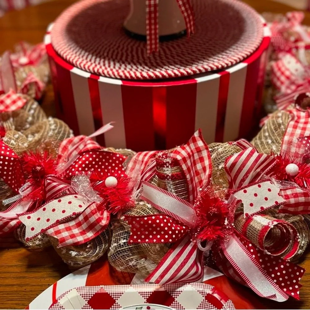Valentines Day 55” 4 1/2’ Fireplace Door Tabletop GARLAND Red White Plaid Burlap